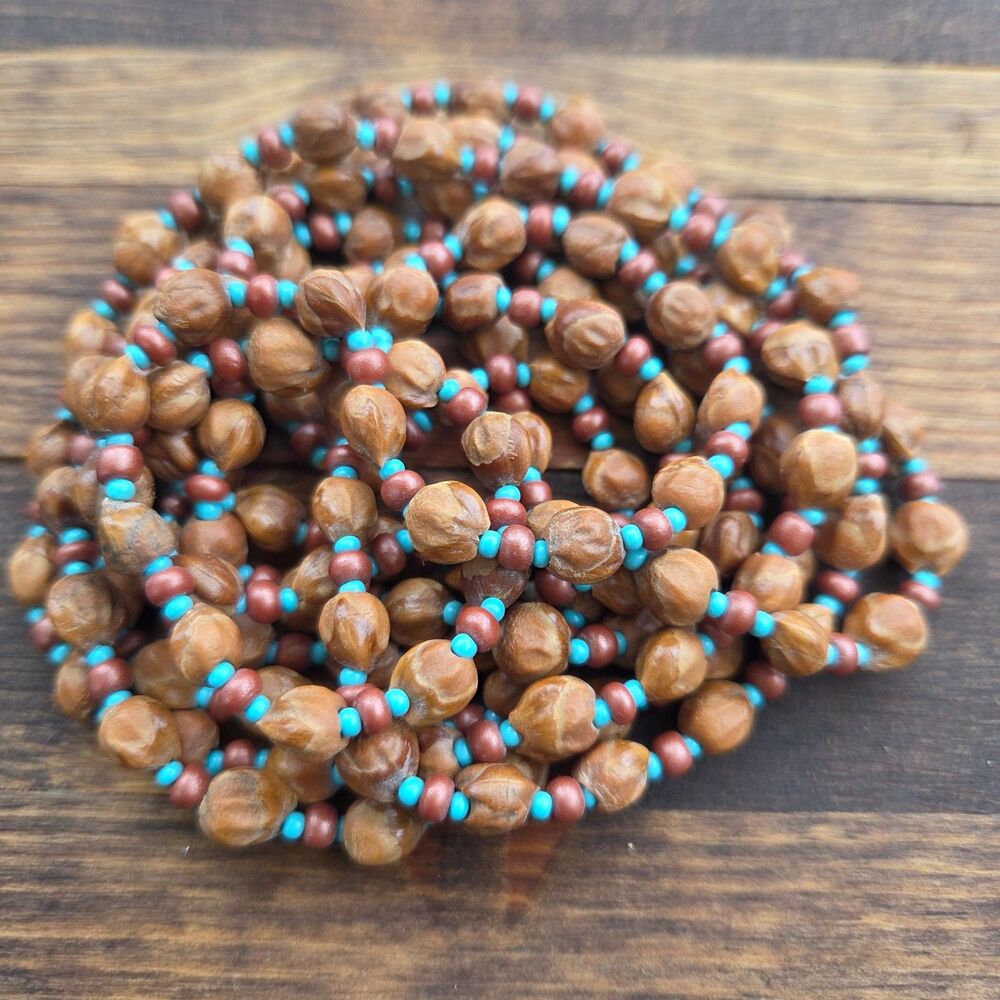 Vintage Natural Seed Bead Necklace 33" Turquoise Copper Color Boho Long Strand